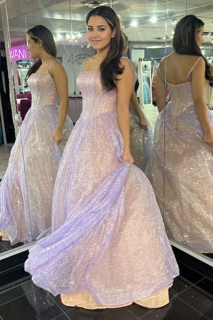 A-Line Spaghetti Straps Sequins Princess Pink formal dresses Bridesmaid Dresses evening gown Prom Dress